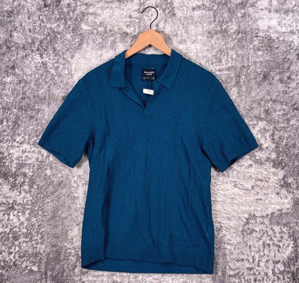 New Abercrombie & Fitch Sweater Knit Polo Shirt Medium Mens Blue Short Sleeve